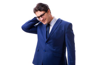 Hasta ve mutsuz iş adamı beyaz arka planda izole edilmiş. 