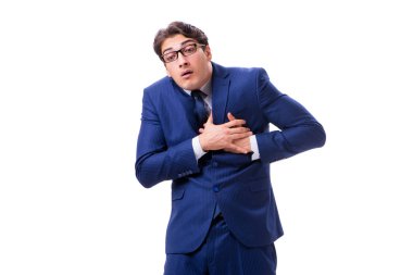 Hasta ve mutsuz iş adamı beyaz arka planda izole edilmiş. 