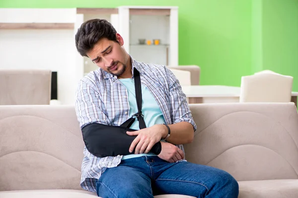 Young Student Man Hand Injury Sitting Sofa — Stock Photo, Image