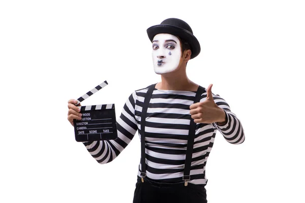 白で隔離映画カチンコを持つ mime します。 — ストック写真