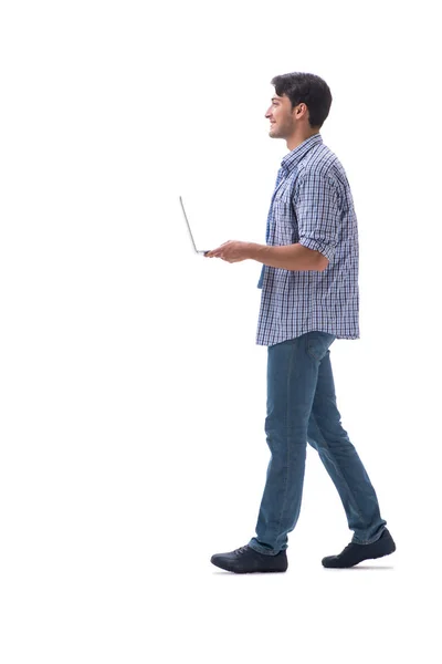 Joven estudiante con portátil aislado en blanco — Foto de Stock