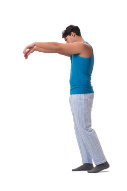 Uyanan adam, beyaz alarmlı saat ile izole