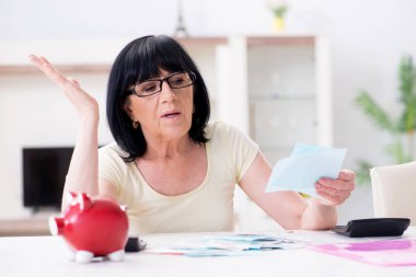 Faturalarını ödemeye çalışan olgun bir kadın.