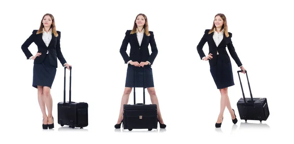 Mulher se preparando para férias com mala em branco — Fotografia de Stock