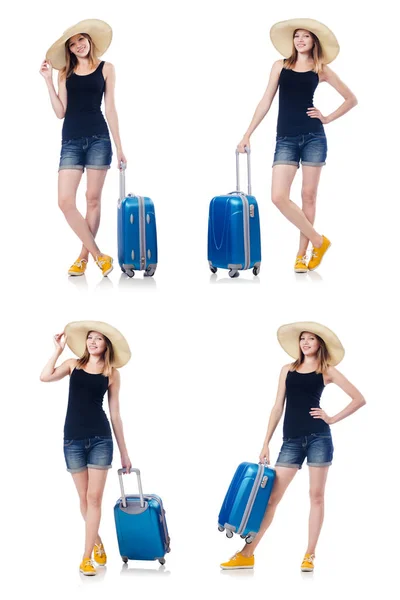 Mulher com suitacases se preparando para férias de verão — Fotografia de Stock