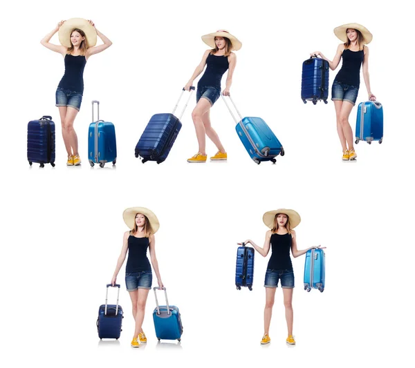 Žena s suitacases příprava na letní dovolenou — Stock fotografie