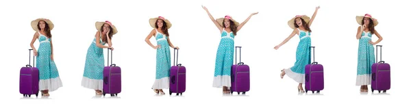 Γυναίκα ταξιδιώτη με βαλίτσα απομονωμένη σε λευκό — Φωτογραφία Αρχείου
