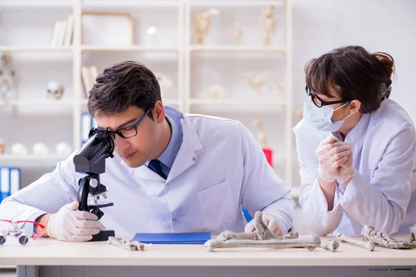 Profesor estudiando esqueleto humano en laboratorio — Foto de Stock