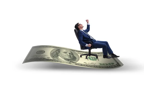 Gelukkig zakenman op dollar biljet geïsoleerd op een witte pagina — Stockfoto