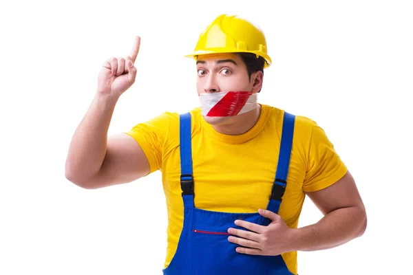 Divertente lavoratore che indossa tute con nastro — Foto Stock
