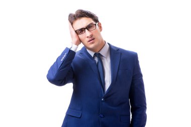 Hasta ve mutsuz iş adamı beyaz arka planda izole edilmiş. 