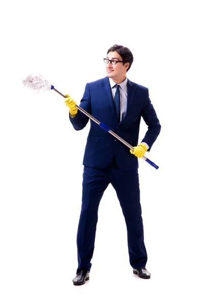 Przystojny biznesmen z mopem na białym tle — Zdjęcie stockowe