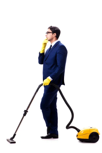 Handsome businessman with vacuum cleaner isolated on white backg — Stock Photo, Image