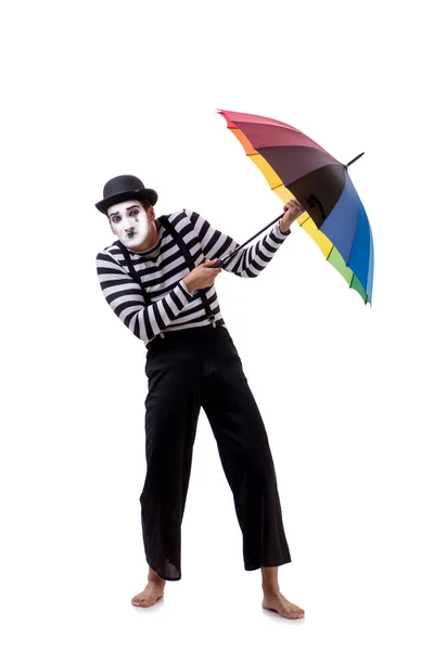 Mime mit Regenschirm isoliert auf weißem Hintergrund — Stockfoto