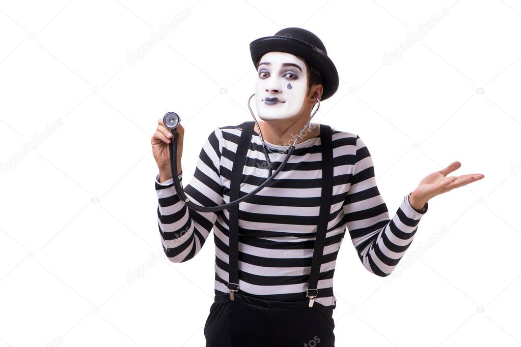 Mime with stethoscope isolated on white background 