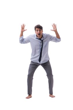 Yalınayak iş adamı beyaz arka planda izole edilmiş.