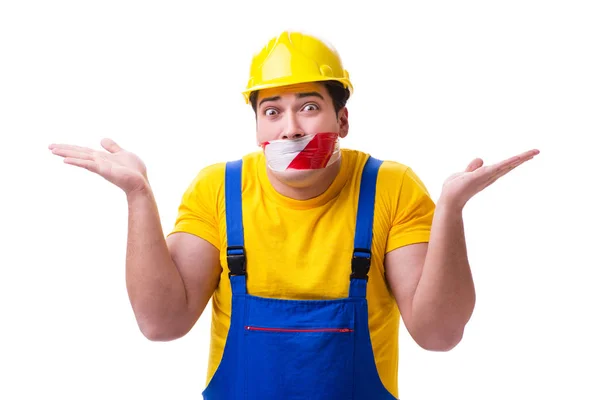 Grappige werknemer draagt een overall met tape — Stockfoto