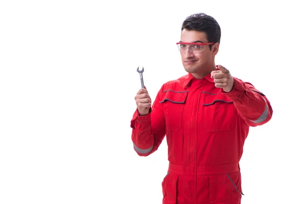 Joven hombre guapo con llave inglesa aislada en blanco — Foto de Stock