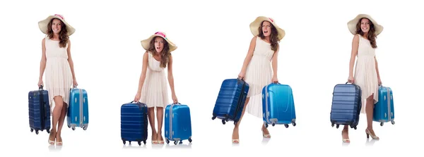 Femme voyageur avec valise isolée sur blanc — Photo