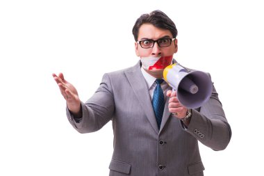 Hoparlörlü komik iş adamı beyazda izole edilmiş.