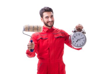 Fırçalı genç yakışıklı ressam beyaza izole edilmiş.