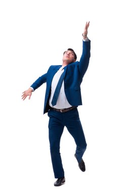 Komik poz üzerinde beyaz izole iş adamı