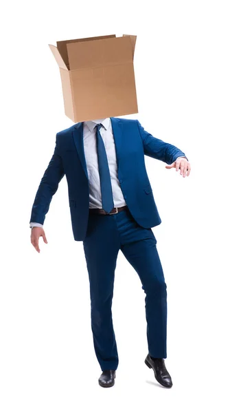 Businessman with blank box on his head — Stock Photo, Image
