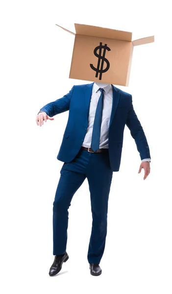 Geschäftsmann mit Dollarbox auf dem Kopf — Stockfoto