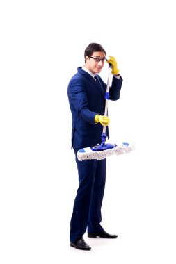 Beyaz arka plan üzerinde izole paspas ile yakışıklı işadamı 