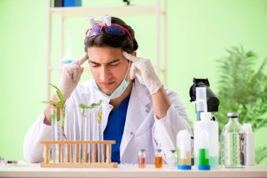 Genç biyoteknoloji bilim adamı kimyager laboratuarda çalışıyor.
