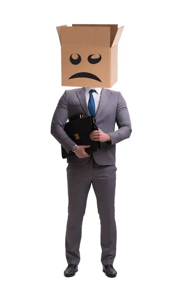 Businessman with box and unhappy face — Stock Photo, Image