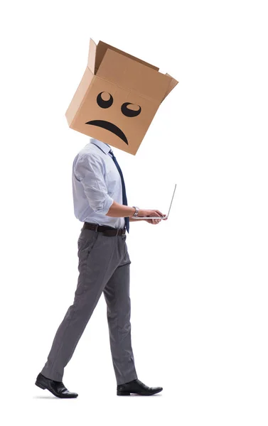 Businessman with box and unhappy face — Stock Photo, Image