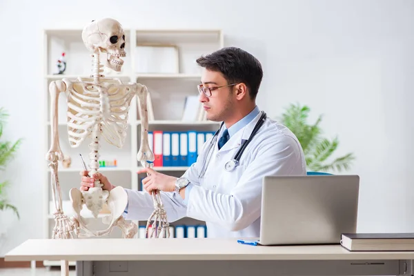 Γιονγκ αρσενικό γιατρό με σκελετό απομονώνονται σε λευκό — Φωτογραφία Αρχείου