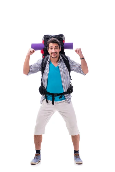 Backpacker med stor ryggsäck isolerad på vit — Stockfoto