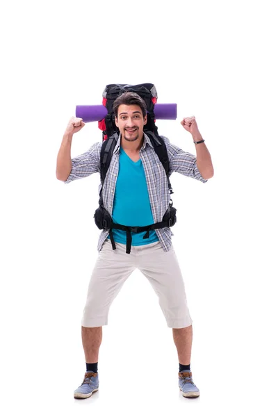 Backpacker mit großem Rucksack isoliert auf weiß — Stockfoto