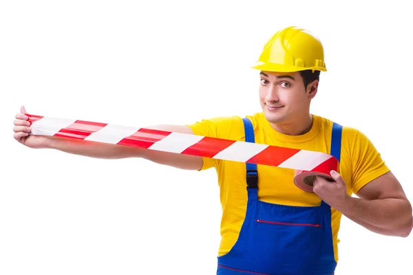 Grappige werknemer draagt een overall met tape — Stockfoto