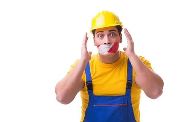 Funny worker wearing coveralls with tape — Stock Photo, Image