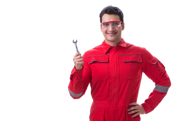 Young handsome man with wrench isolated on white — Stock Photo, Image