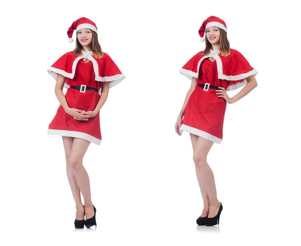 Giovane donna in costume da Babbo Natale rosso su bianco — Foto Stock