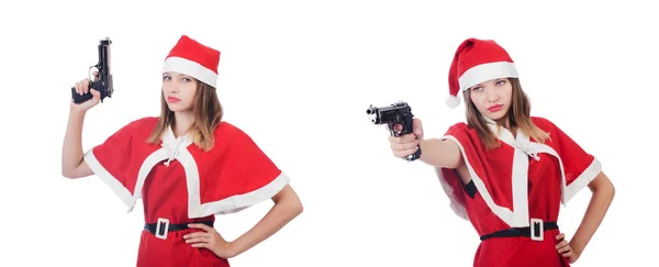 Giovane donna in costume da Babbo Natale rosso su bianco — Foto Stock