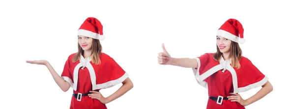 Jeune femme en costume de Père Noël rouge sur blanc — Photo