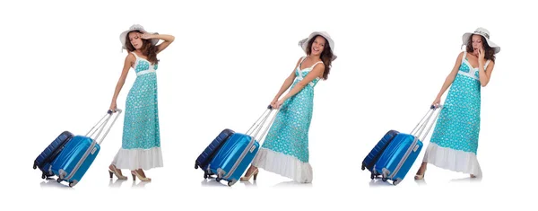 Vrouwelijke reiziger met koffer geïsoleerd op wit — Stockfoto