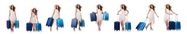 Kobieta podróżnik z walizką izolowane na białym — Zdjęcie stockowe