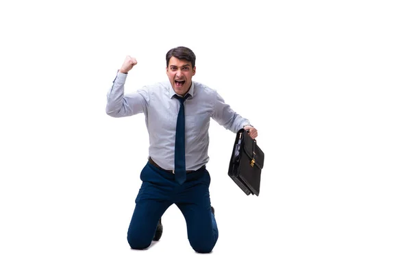 Excited businessman siiting on the knees isolated on white backg — Stock Photo, Image