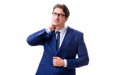 Hasta ve mutsuz iş adamı beyaz arka planda izole edilmiş. 