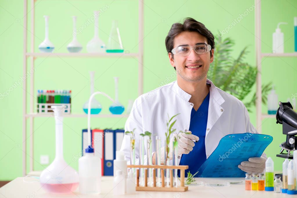 Young biotechnology scientist chemist working in lab