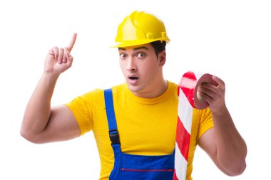 Bantlı tulum giyen komik bir işçi.