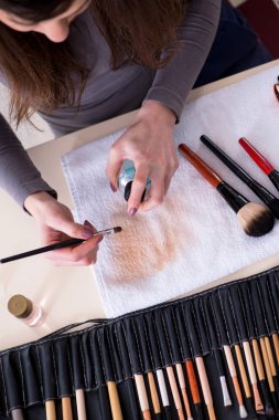 Makyaj sanatçısı fırçaları işe hazırlıyor