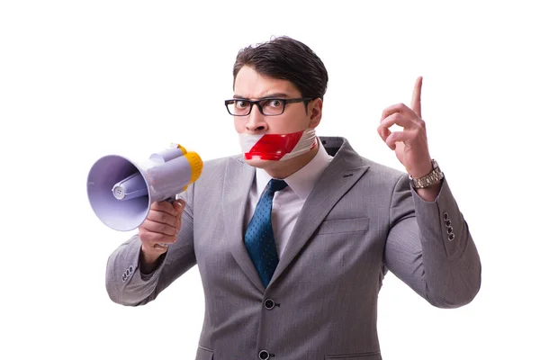 Смішний бізнесмен з гучномовцем ізольовані на білому — стокове фото