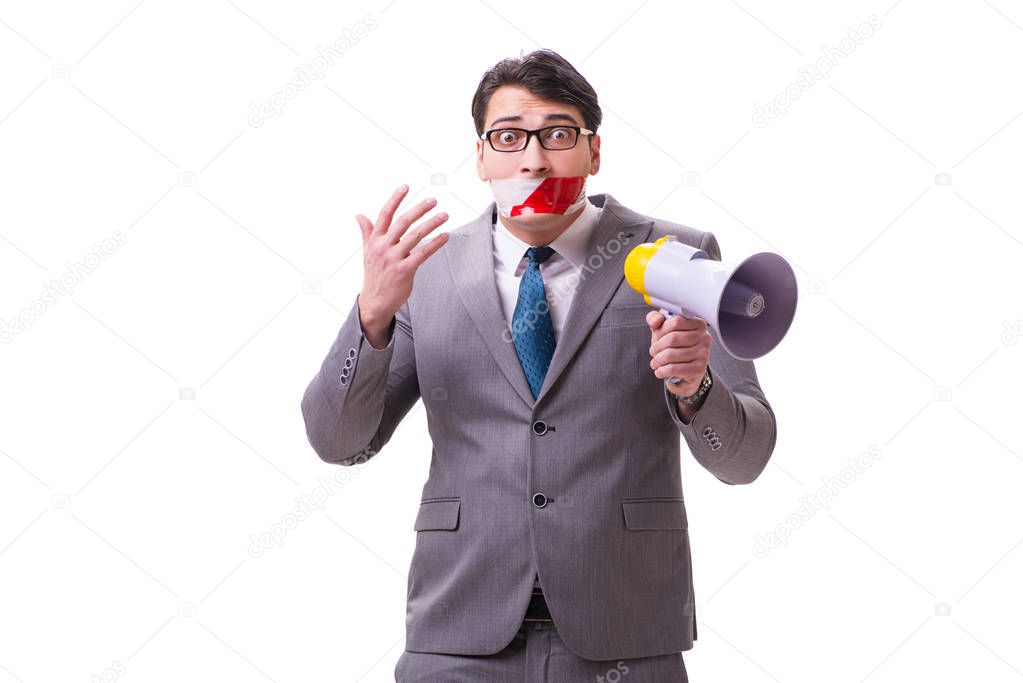 Funny businessman with loudspeaker isolated on white